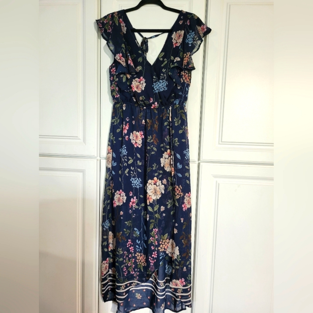 Maurices Floral Navy Blue Maxi Dress, Size Medium, Ruffle Sleeves, Half Slip, M